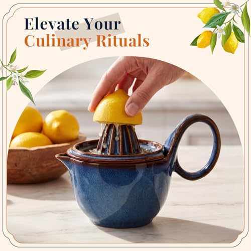 Sawysine Ceramic Lemon Squeezer Manual Citrus Juicer with Strainer Hand Press Lime Orange Reamer with 8.45 oz Cup Strainer Lid Spout Handle for Citrus Fruits Home Kitchen Bar(Classic,Dark Blue)