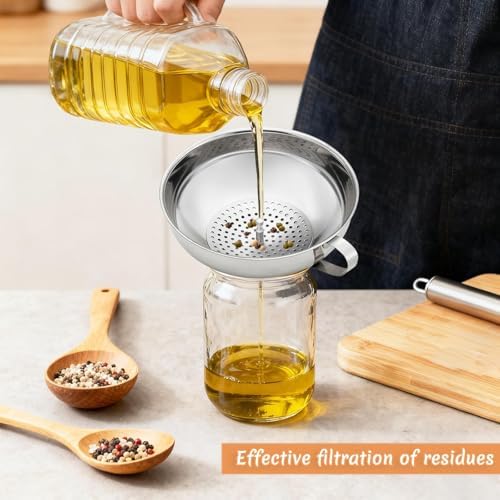 Canning Funnel with Strainer, Wide Mouth Funnels for Filling Wide and Regular Mason Jars Three-Piece Set, Food Grade Stainless Steel Canning Supplies for Kitchen Use (Silvery)
