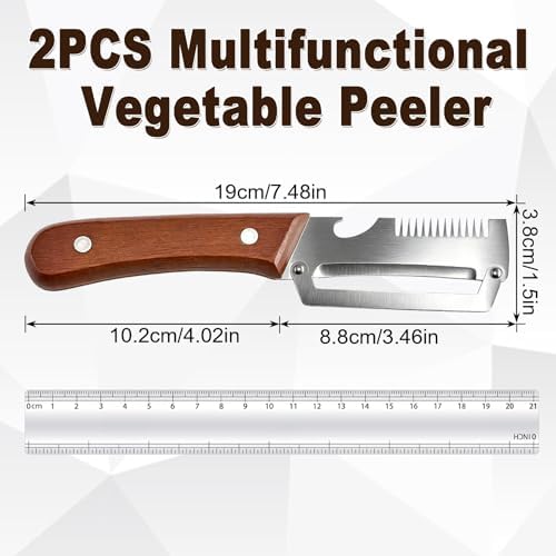 Vegetable Peeler with Wooden Handle, 2 Pack Julienne Peeler and Slicer, 3-in-1 Multifunctional Peelers for Kitchen, Stainless Steel Blade Shredder Tool for Potato, Carrot and Fruit