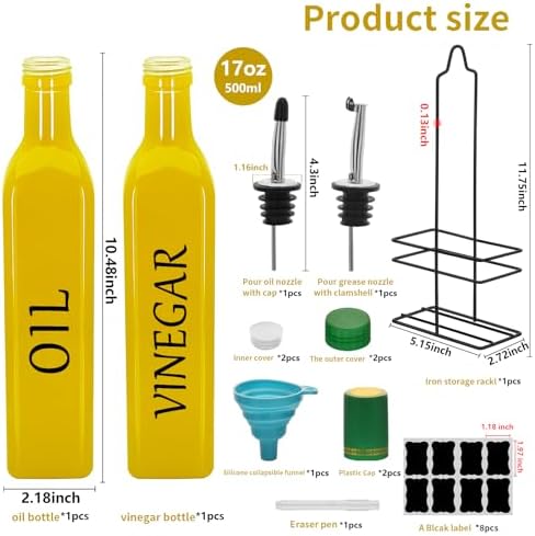 Farmhouse Oil and Vinegar Dispenser Set, 17 oz, beautiful olive oil dispenser, includes a black steel rack and a funnel, vintage cruets for vinegar and oil (Yellow)