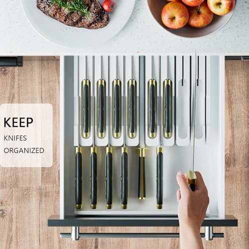 Domax Bamboo In-drawer Knife Block - Kitchen Knife Drawer Organizer Insert, Knife Holder without Knives Large, Drawer Knife Organizer Fits for 16 knives and 1 Sharpening Steel (Not Included), White