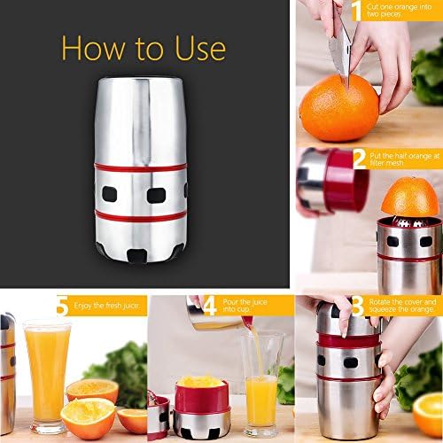 Manual Citrus Juicer Portable Press Squeezer with Strainer for Home Travel 304 Stainless Steel and ABS Red Silver 600 to 800mL Compact Hand Operated