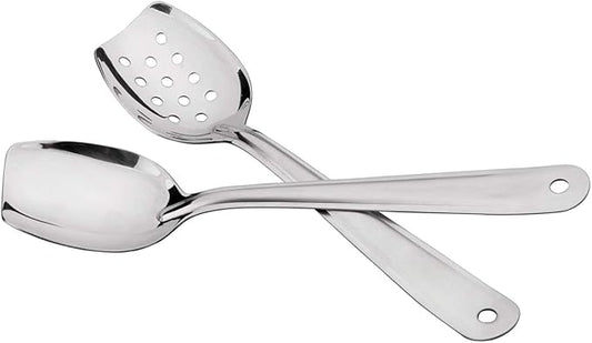 IMEEA 10 Inch Flat Bottom Scraping Cooking Spoon Set of 2, 18/8 Stainless Steel Slotted & Solid Stirring Spoon, Flat Edge Kitchen Spoon for Stir Fry, Sauce, Soup, Instant Pot