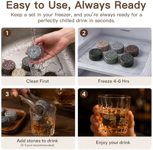 JOVGANK Granite Whiskey Stones Set of 6 with Wood Tray - Reusable Whisky Chilling Rocks for Scotch, Bourbon, Cocktails - Cool Drinks Without Dilution, Perfect Bar Accessories & Gift for Men