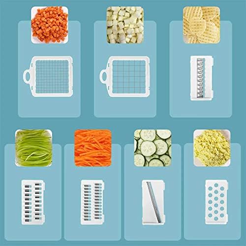 Bohai Food Chopper Vegetable-Fruit-Cheese-Onion Dicer Tomato Cutter Grater 12 in 1 Veggie Spiralizer Salad Potato Slicer with Container Multi-function Kitchen Aid Carrot Light Blue