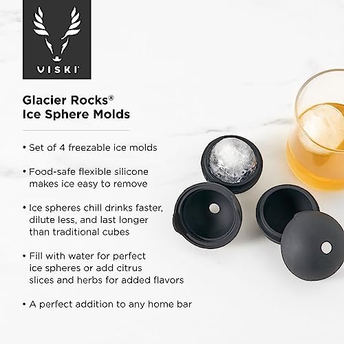 Viski Sphere Ice Molds, Large 2 Inch Silicone Ice Ball Makers for Whiskey, Bourbon, Scotch, and Cocktails, Easy Release Round Mold Set for Drinks, Home Bar Gifts, Bar Cart Accessories, Set of 4