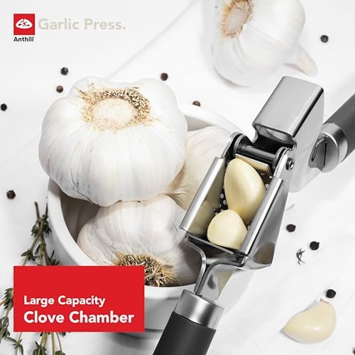 Anthill Premium – Heavy Duty Garlic Press - Stainless Steel – Rust proof – Dishwasher Safe – Garlic Mincer tool – Easy-Clean with Soft Grip Handle – Strong and Durable – Press Garlic with ease (Grey)