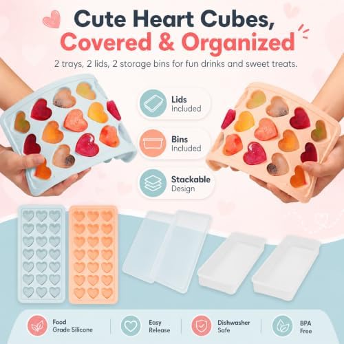 2 Pack Heart Shpaed Ice Cube Trays with Lids, 42 Holes Silicone Heart Ice Cube Molds for Whiskey, Cocktail, Fun Shapes Ice Cubes, Chocolate, Candle, Candy, Jelly, Jello - with Lids Bins