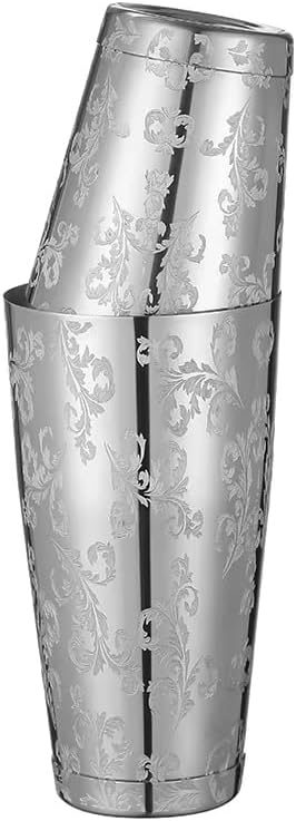 Stainless Steel Boston Shaker with Etched Pattern Weighted Shaking Tin Set (Leaf Silver)