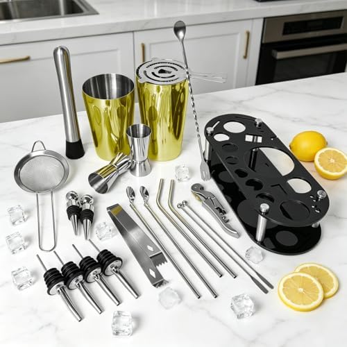 22-Piece Cocktail Shaker Set, 25/20oz Bartender Kit, Bartending Stainless Steel Bar Tools Sets for Drink Mixing, Boston Cocktail Shakers with Stand Recipes Booklet (Rose Copper-25-20oz)