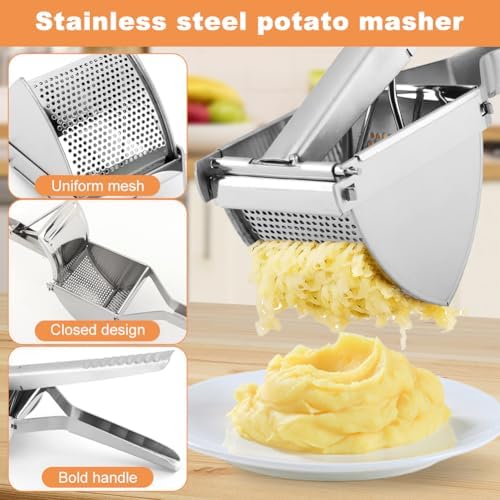 Potato Ricer, Heavy Duty Stainless Steel Press and Mash Kitchen Gadget for Mashed Potatoes, Creamy Mashed Vegetables Spaetzle Maker with 6-in-1 Multi-functional Peeler