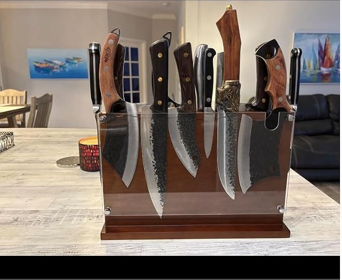 Magnetic Knife Holder 14x10 Inches Extra Large Size with Knife Sharpener Wooden Double Sided Magnetic Knife Block for Kitchen Counter with Cutting Board Slot & Acrylic safety shieldf, Sturdy & Durable