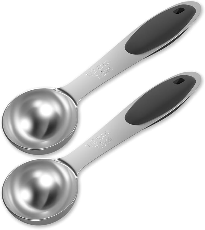 2PCS 1/2Tbsp(7.5ml, 1/4oz) Measuring Spoon, Stainless Steel Measure Scoop | Accurate, BPA-Free, Dishwasher Safe, Silicone Grip, Engraved Marking, Kitchen Essential