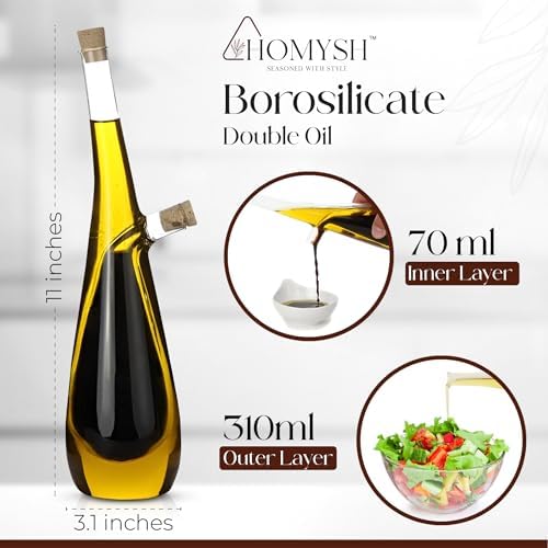 Oil and Vinegar Dispenser Bottle 2-in-1, Glass Cruet Set for Kitchen, Dual-Chamber Olive Oil & Vinegar Dispenser, Cork Stoppers, Funnel & Brush Included, 13 oz, Clear