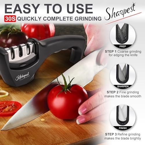 4-in-1 Knife Sharpener Kit with Cut-Resistant Glove, 3-Stage Quality Kitchen Knife Accessories to Repair, Grind, Polish Blade, Professional Knife Sharpening Tool for Kitchen Knives