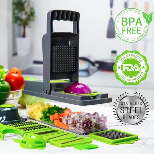 Vegetable Chopper Pro 16 in 1 Manual Mandoline Slicer, Onion Chopper Professional food multifuntional with Stainless Steel Blades and container & Bonus Eco-Friendly Storage Bags
