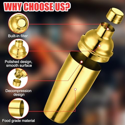 Nitial 6 Pcs Bar Cocktail Shaker Stainless Steel, Gold, 25 oz