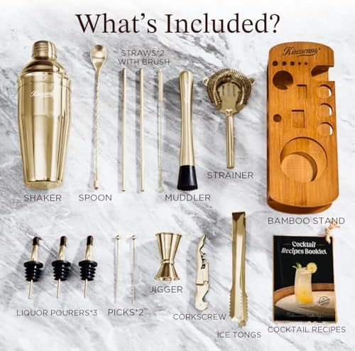 KITESSENSU Cocktail Shaker Set Bartender Kit with Stand | Bar Set Drink Mixer Set with All Essential Accessory Tools: Martini Shaker, Jigger, Strainer, Mixer Spoon, Muddler |Champagne Gold