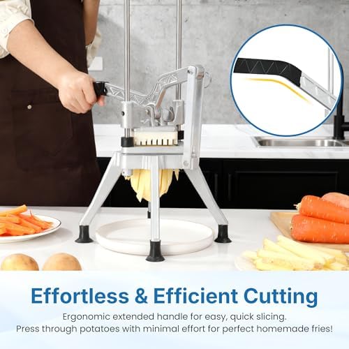 Commercial French Fry Cutter, Heavy Duty Potato Slicer with 1/2 Inch and 3/8 Inch Blade, Professional Fries Cutter for Restaurant & Home Kitchen, Stainless Steel