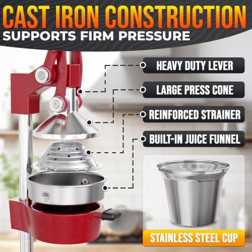 Cast Iron Juicer Hand Press, Heavy-Duty Squeezer (Red)