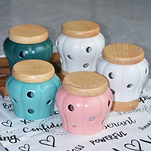Sizikato Blue Matte Ceramic Garlic Keeper Ginger Holder with Bamboo Lid.