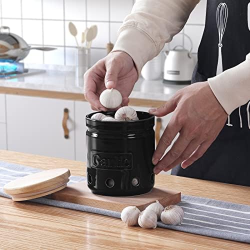 ONTUBE Ceramic Garlic Keeper with Wooden Lid, 4.5-Inch 24oz (Black)