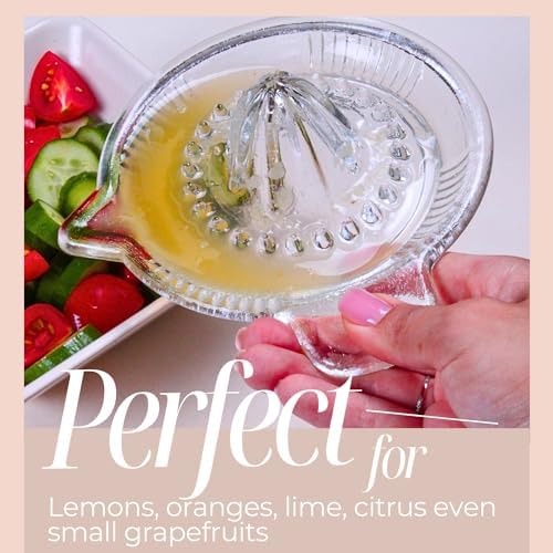 Glass Lemon Juicer, Orange, Grapefuit Manual Squeezer, Small Citrus Juicer, Extractor Manual Hand with Handle and Pour Spout, BPA Free and Lead-Free Heavyweight Crystal Clear Glass 2.02oz (Clear)