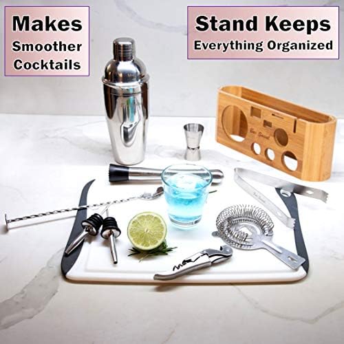 Professional Bartender Cocktail Kit - Bartender Accessories Tools for Drinks - Set of 10 Bar Mixer Set - Complete Cocktail Mixing Set with Natural Bamboo Stand - Drink Making Kit