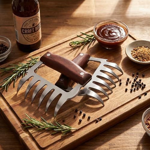 Meat Shredder Claws Set of 2 – Heavy Duty Stainless Steel with Wood Handle for Pulled Pork, Chicken & Brisket, BBQ Bear Claws with Cutting Edge & Bottle Opener – Dishwasher Safe, Ergonomic Grip