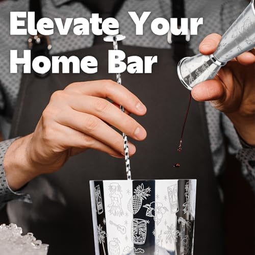 Boston Cocktail Shaker Etched Set, Jigger Spoon 17/24oz Sliver