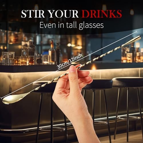 Boao 4 Pcs 12 Inch Stainless Steel Cocktail Spoons, Golden