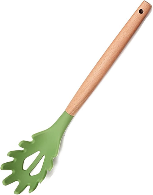 1pcs Avocado Green Silicone Cooking Utensils Heat Resistant Pasta Server with Natural Wood Handle for Pasta Noodle Spaghetti Strainer