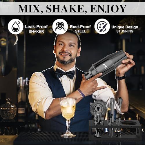 IOV Mixology Bartender Kit With Stand | 12-Piece Cocktail Shaker Set | 24oz Martini Shaker Set For Drink Mixing | Bar Set Includes All Bar Tools And Recipe Booklet | Fun Housewarming Gift (Black)
