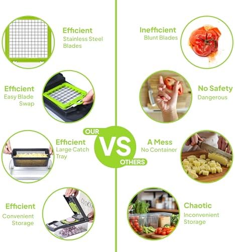 16-in-1 Vegetable Chopper, Mandoline Slicer & Onion Dicer with 1.2L Container, Food Chopper with Stainless Steel Blades, Vegetable Cutter, Cheese Grater, Potato Slicer, Kitchen Gadget