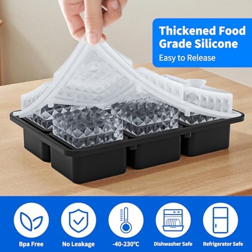 6 Chamber 1.97” 3D Crystal Square Ice Cube Tray With Funnel,Large Square Ice Molds Silicone Fun Shapes Whiskey Ice Cube Tray,For Chilling Whiskey,Cocktails,Bourbon,Brandy and Beverages