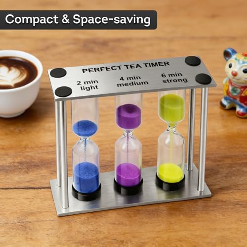 Lily's Home 3.5" Tall 3-in-1 Perfect Tea Timer, Includes 2, 4, and 6 Minute Sand Hourglass Timers, Use for Making Tea or Keeping Time Around The Kitchen, Brushed Stainless Steel Frame, Rectangular