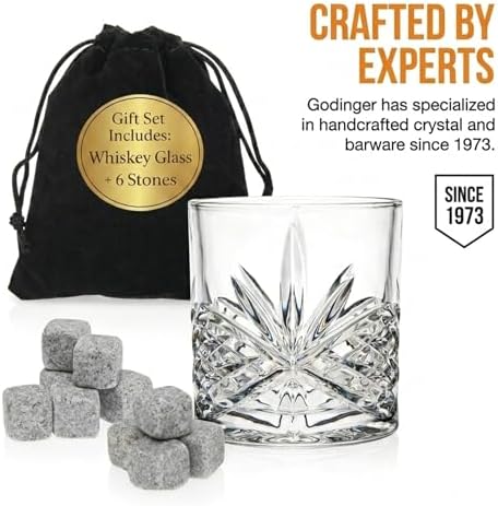 Godinger Whiskey Glass and Whiskey Stones, Gift Set Includes Old Fashioned Whiskey Glasses, 6 Whiskey Rocks Chilling Stones and Storage Pouch, Gifts for Men
