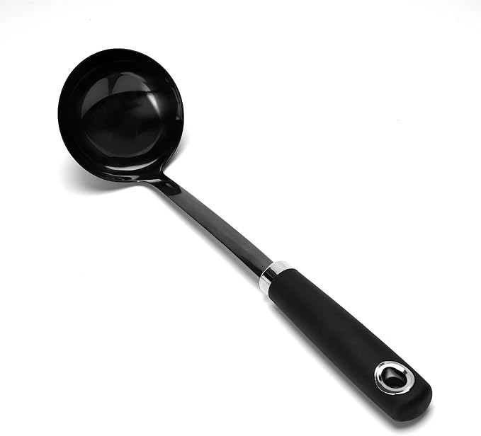 Black Stainless Steel Soup Ladle, 12 Inch Metal Ladle Spoon with Ergonomic Handle for Soup, Stew, Sauce, Chili, Gravy and Serving, Dishwasher Safe