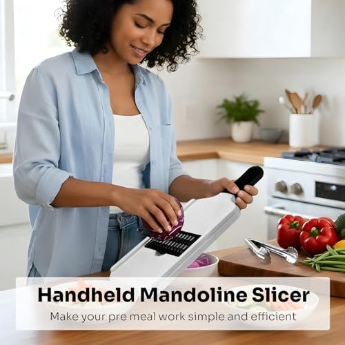 Handheld Mandoline Slicer 3-in-1, Veggie Shredder Cutter with 3 Blades - Slicer, Julienne & Wavy Slicer for Cucumbers, Onions, Potatoes