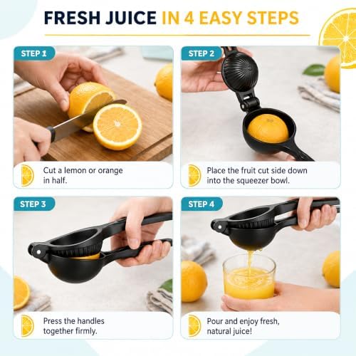 Heavy Duty Lemon Squeezer, Aluminium Alloy Manual Lemon Juicer Hand Press with Threaded Groove for Maximum Juice - Perfect for Limes, Small Oranges, Citrus Fruits (Black)