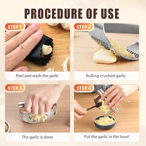 Stainless Steel Garlic Press Rocker, 2026 New Heavy Duty Ergonomic Garlic Crusher Tool with Peeler and Brush for Smash Garlic Built-in Bottle Opener Kitchen Gadget (2sets)