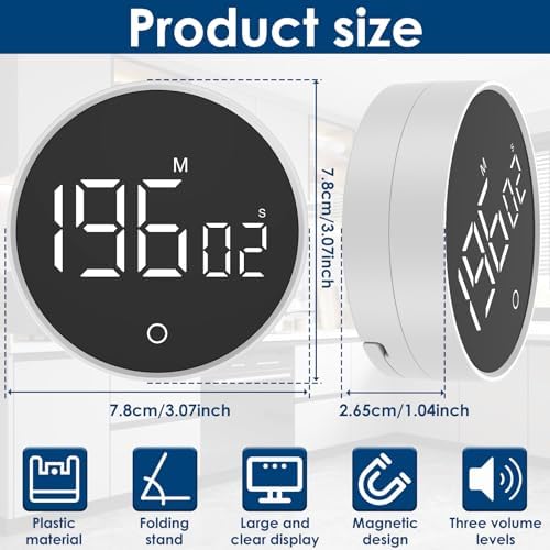 2 Pcs Digital Kitchen Timer with Stand, Magnetic Smart Productivity Timer 200 Minute Countdown Coutup Timer with Large LED Display Volume Adjustable for Cooking Gym Meeting Classroom Study Work