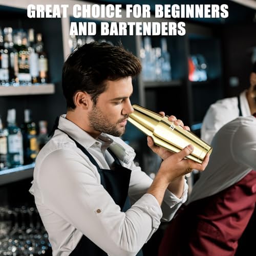 IOV Boston Cocktail Shaker Set, 18oz & 28oz Stainless Steel Weighted Shaker Tins, Metal Martini Drink Mixer for Bartending, Professional Bar Tools with Cocktail Recipe Guide, Gold