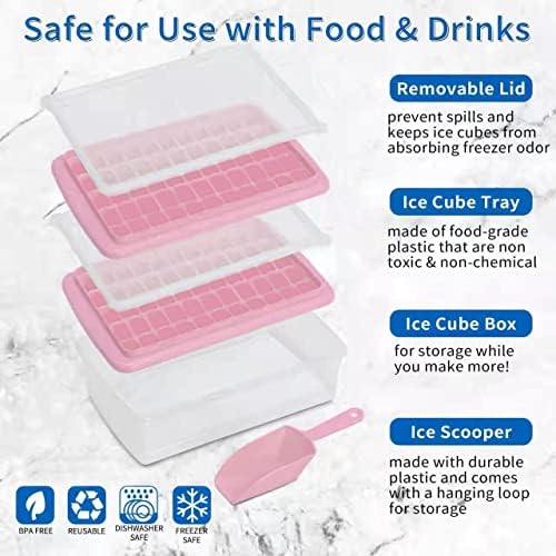 2 Pack Ice Cube Tray with Lid and Bin for Freezer, Easy Release 55 Nugget Ice Tray with Cover, Storage Container, Scoop. Perfect Small Ice Cube Maker Tray & Mold. Flexable Durable Plastic, BPA Free