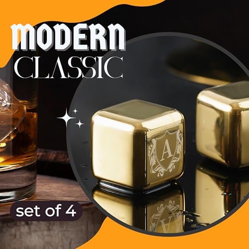 Onebttl Whiskey Stones Golden with Initial - 4pcs Stainless Steel Ice Rocks, Unique Gift for Men Women, Perfect for Whisky Lovers for Christmas, Birthday,L
