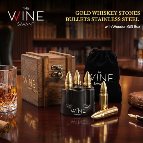 Whiskey Stones Bullets Stainless Steel with Wooden Gift Box - 1.75in Bullet Chillers Set of 6 Inside Realistic Revolver - Made with Premium Stainless Steel, Large Whiskey Chillers Rocks (Gold)