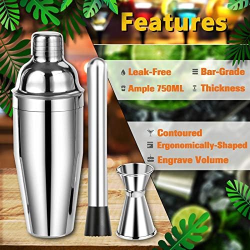 Bartender Kit Cocktail Shaker Set, Perfect Home Bartending Kit with Stylish Stand, 25oz Stainless Steel Martini Shaker with Cocktail Recipes Booklet