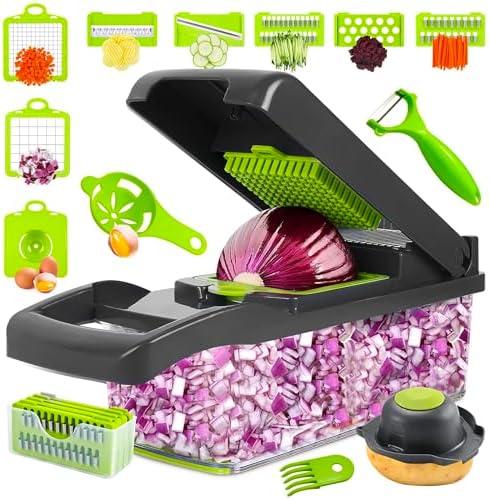 Vegetable Chopper 16 in 1 with Container, Veggie Chopper Food Chopper and Dicer, Onion Chopper Vegetable Cutter with 8 Stainless Steel Blades, Easy Meal Prep Kitchen Tool, Green