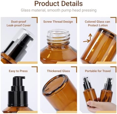 Segbeauty 2oz Refillable Glass Travel Bottles for Toiletries, 3pcs Amber Lotion Pump Bottles Empty, 60ml Mini Travel Lotion Container, Small Liquids Container Bottle Pump Dispener for Creams Oils