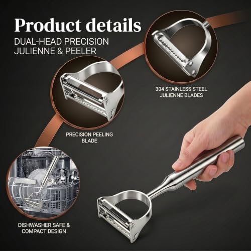 Stainless Steel Vegetable Peeler, 2-Pack 2-in-1 Julienne Y Peeler for Kitchen, Ergonomic Shredder for Healthy Keto Salad & Zoodles, Potato Carrot Fruit, Dishwasher Safe
